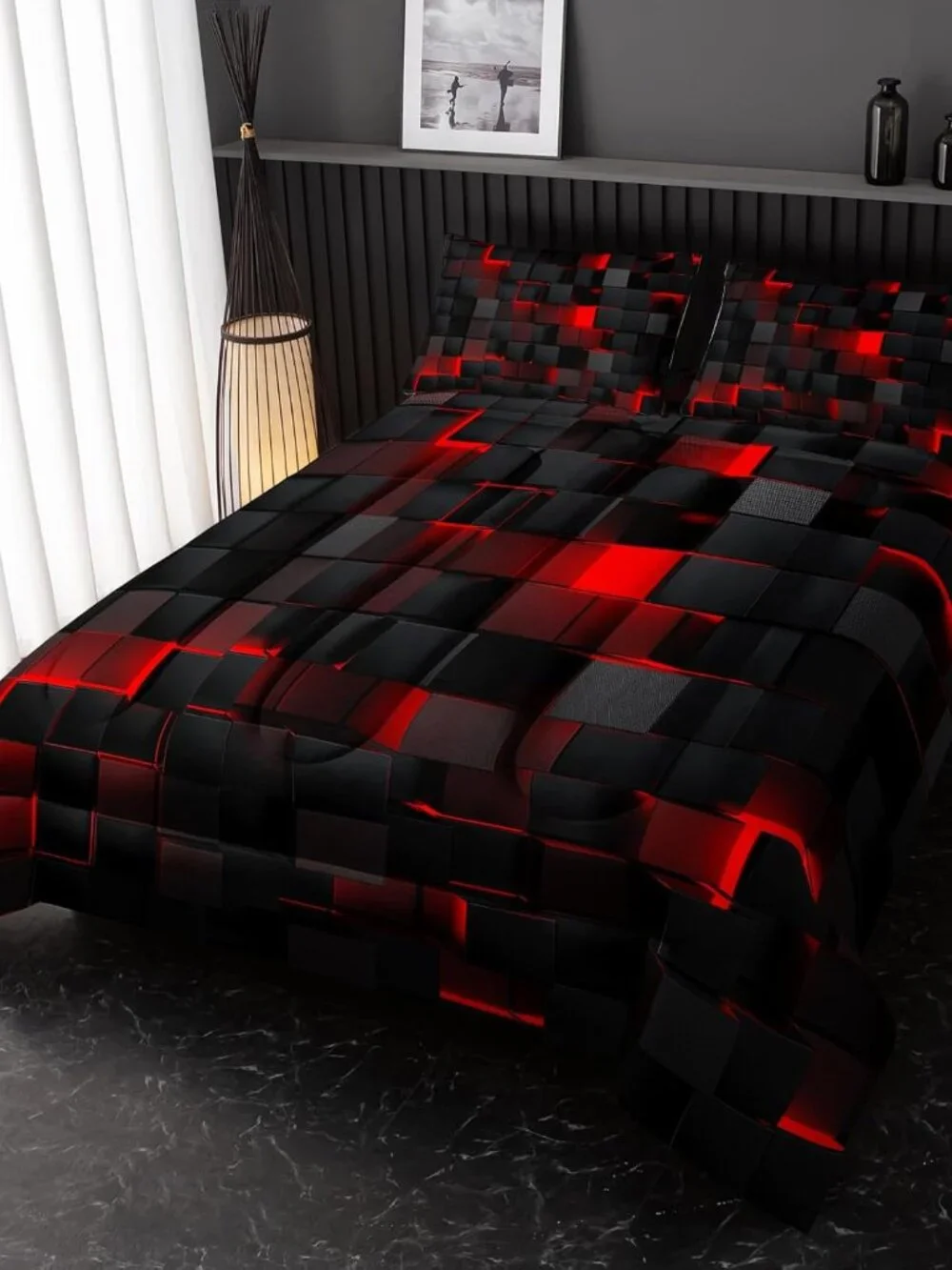 Neon Red Black Comforter Set King Geometric Kids Bedding Set,3 PCS Geometry Hone